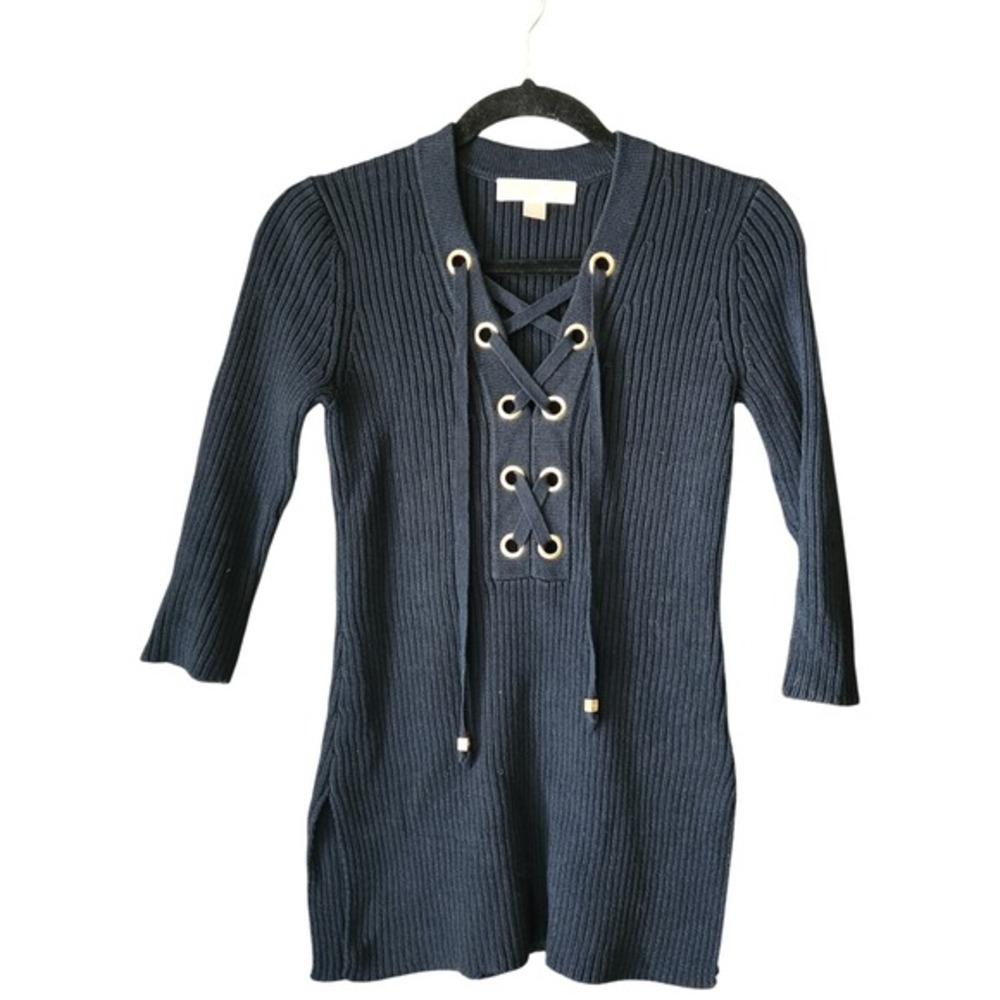 Michael Michael Kors Navy Blue Chunky Knit Lace Up Vented Sweater XS Nautical